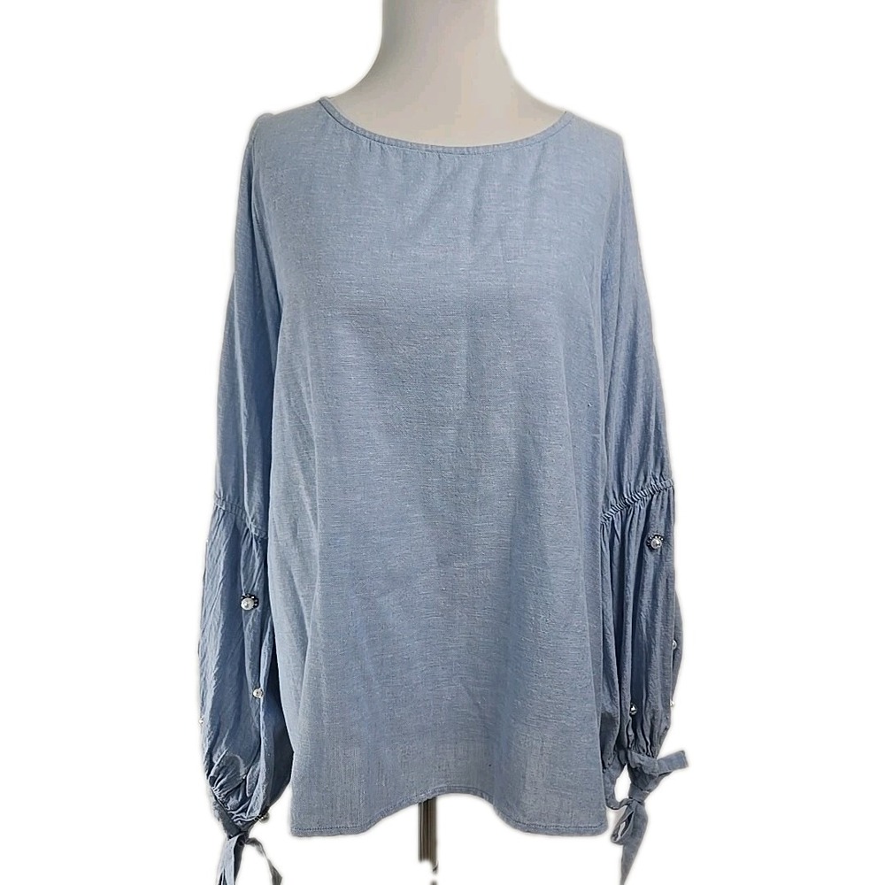 LUXE MODA  Chambray Cold-Shoulder Puff Embellish Tie Sleeve Woven Top‎ Blouse L